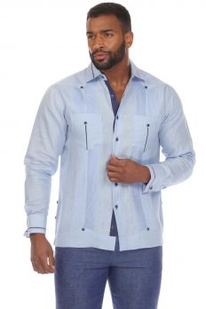 Men's 100% Linen  Chacabana Shirt Long Sleeve with Contrast Accent Trim